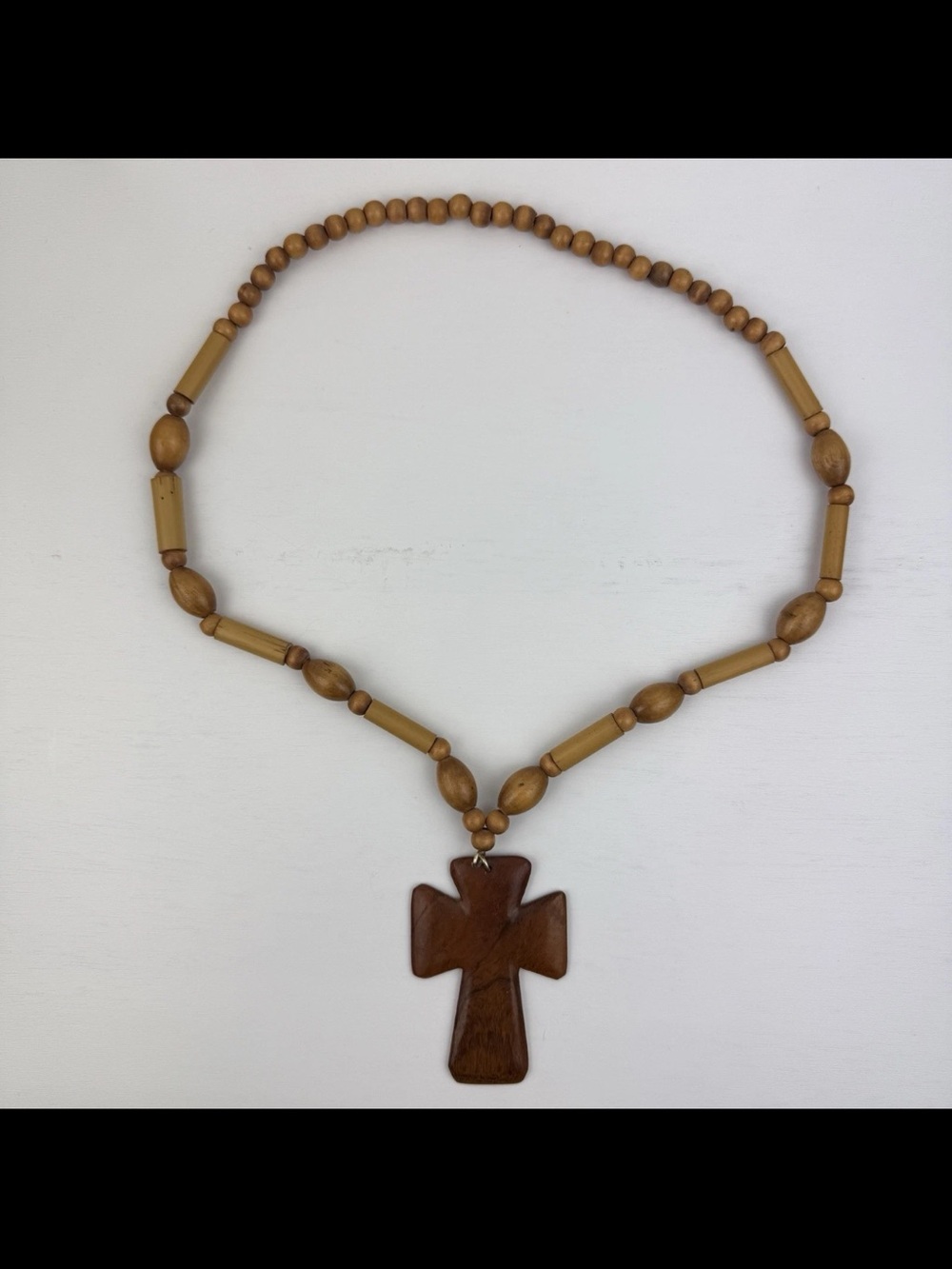 OOAK Antique Vintage Wood Bead Cross Pendant Necklace Crucifix Religious MCM!